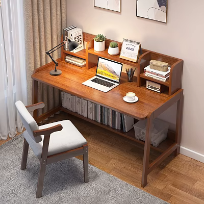 Wooden Desk With Laptop Desk Lamp Small Potted Plant Calendar Cup And Bookshelf With Books 3d model