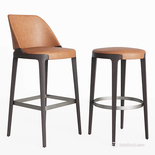 Modern Brown Leather Bar Stools Featuring Sleek Black Metal Frame Design 3d model 