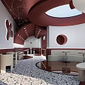 Modern Milk Tea Shop Interior With Red White Arched Decor Circular Windows And Seating