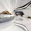 Modern Interior Space Design With Curved White Lines Wooden Walls Sleek Floor And Green Plants