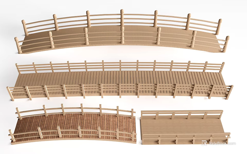 Wooden Landscape Bridge Designs With Curved Deck And Decorative Railings 3d model 