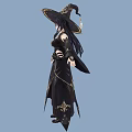 Woman In Ancient Style Black Traditional Outfit With Wide Brimmed Hat And Golden Decorations