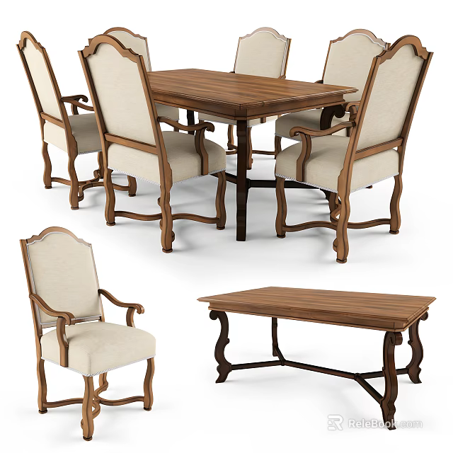 Traditional Solid Wood Dining Table Set With Matching Chairs And Side Table 3d model 