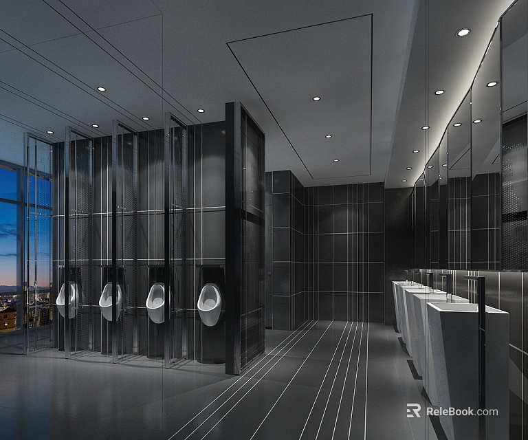 Modern Public Restroom Urinals With Black Wall Panels Large Windows And Mirrored Walls 3d model 