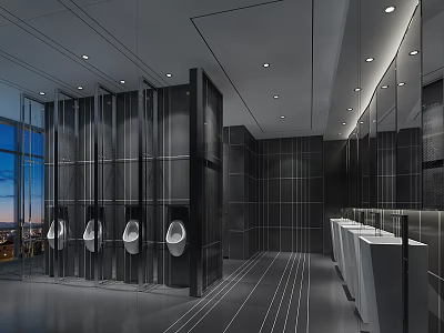 Modern Public Restroom Urinals With Black Wall Panels Large Windows And Mirrored Walls 3d model