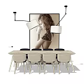 Modern Dining Table Set With Long Table Matching Chairs Pendant Lights And Large Wall Photograph