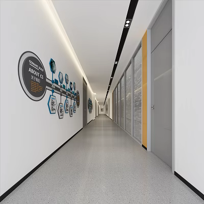 Modern Office Corridor Design With White Walls Gray Floor Linear Lighting And Wall Graphics 3d model