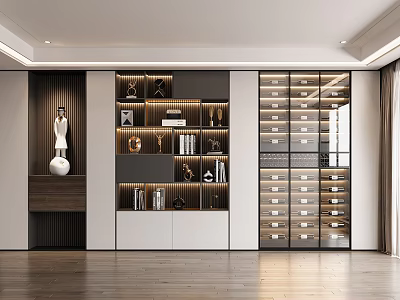 Modern Wine Cabinet With Glass Doors And Wooden Wine Racks In Living Room Interior Design 3d model