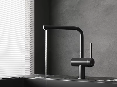 Modern Black Faucet With Water Flow Near White Blinds And Gray Wall 3d model