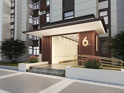 Modern Building Entrance With Canopy Number 6 Steps Pink Flowers Railings Trees And Paved Ground 3d model