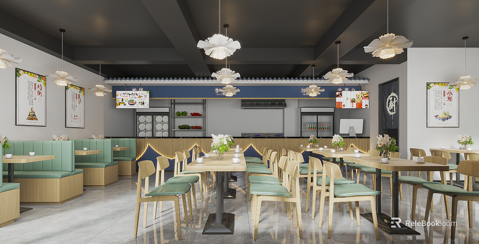 Restaurant Interior With Floral-Shaped Chandeliers Wooden Tables And Green Chairs 3d model 