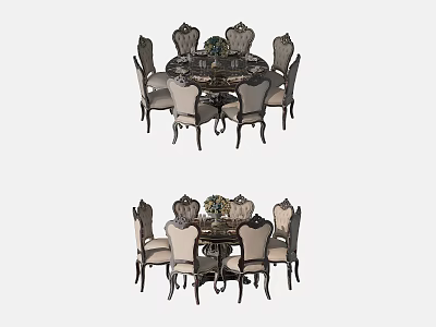 Classic Round Dining Table Set With Ornate Chairs And Floral Centerpiece 3d model