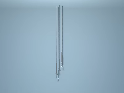 Modern Silver Chandelier With Three Slender Vertical Rods And Small Bulbs Against Light Blue Wall 3d model