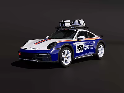 Porsche 953 Blue And White Sports Car With Roof Mounted Equipment And Racing Stripes 3d model
