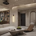 Modern Living Room Interior With Beige Sofa Abstract Painting Wooden Desk And Gaming Chair