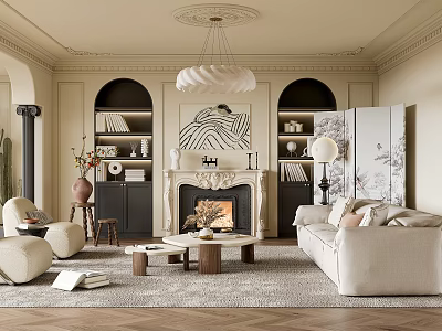 Elegant Modern Living Room Interior With Fireplace Sofa Coffee Table And Bookshelves 3d model