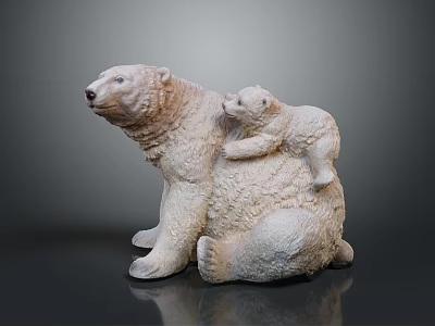 Detailed White Polar Bear Sitting Sculpture with Cub Resting on Back 3d model