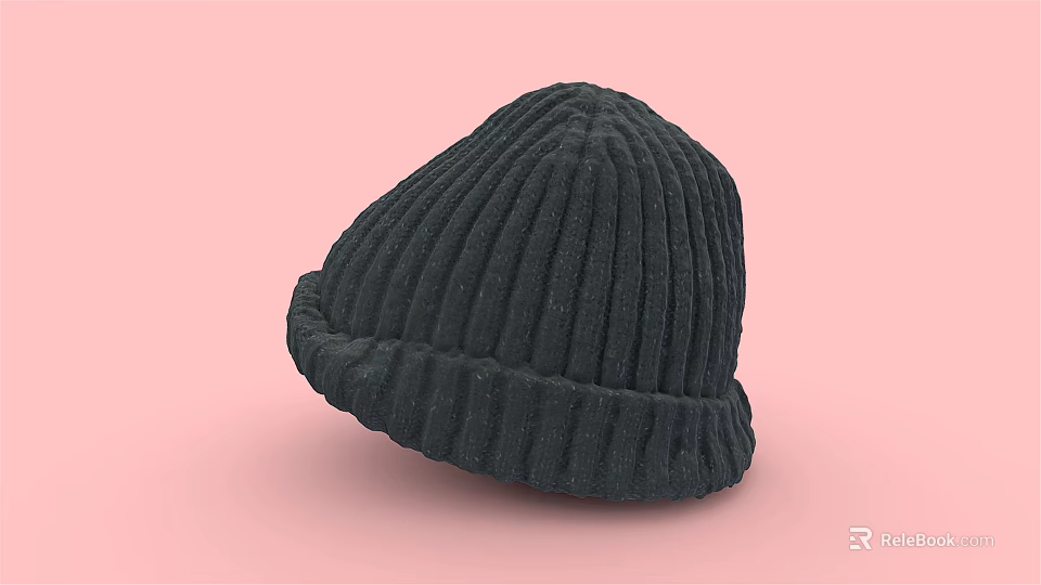 Black Ribbed Knitted Hat with Soft Texture on Pink Background 3d model 