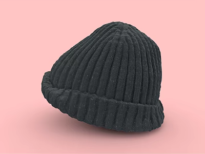 Black Ribbed Knitted Hat with Soft Texture on Pink Background 3d model