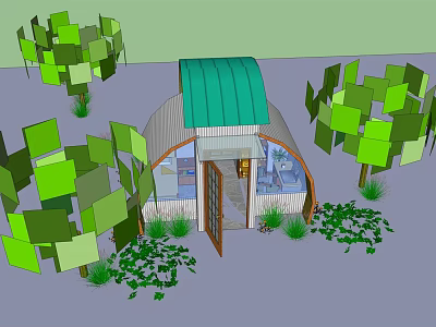 Cozy Dome Shaped Small House Exterior With Green Roof And Surrounding Trees 3d model