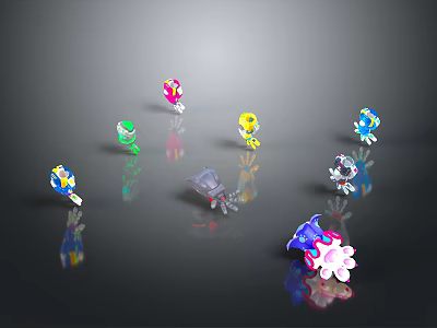 Colorful Small Game And Movie Character Figurines With Various Designs On Black Reflective Background 3d model