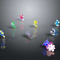 Colorful Small Game And Movie Character Figurines With Various Designs On Black Reflective Background