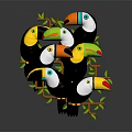 Colorful Tropical Toucans Perched On Tree Branches With Green Leaves And Vibrant Beaks