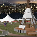Beautiful Garden Landscape With Green Grassland White Tents Lighting Decorations And Distant Hills