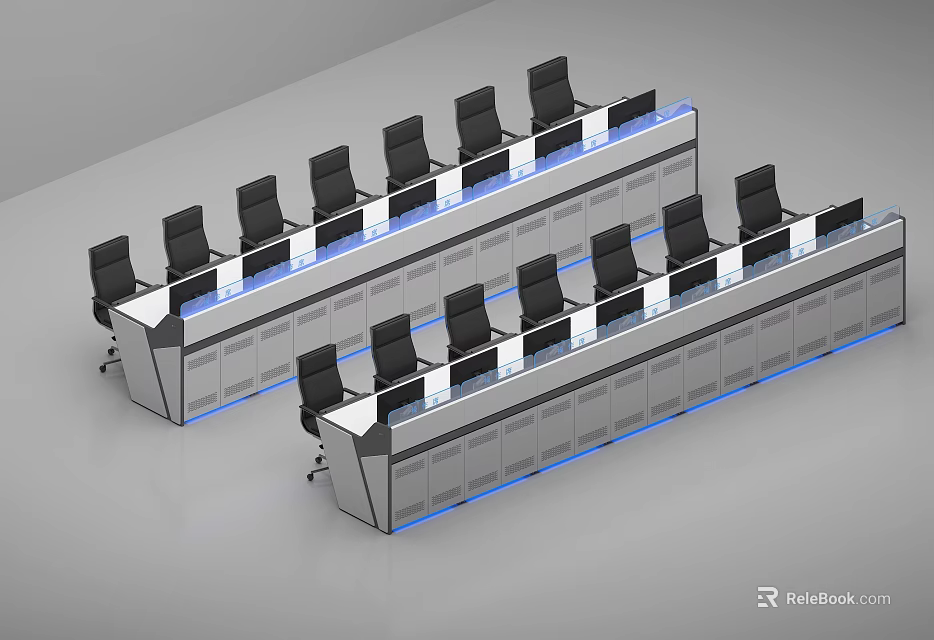 Modern Conference Tables With Multiple Black Chairs And Blue Accent Lighting 3d model