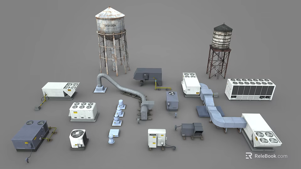 Industrial Equipment Display With Water Towers Piping Systems And Machinery Units 3d model 