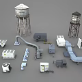 Industrial Equipment Display With Water Towers Piping Systems And Machinery Units