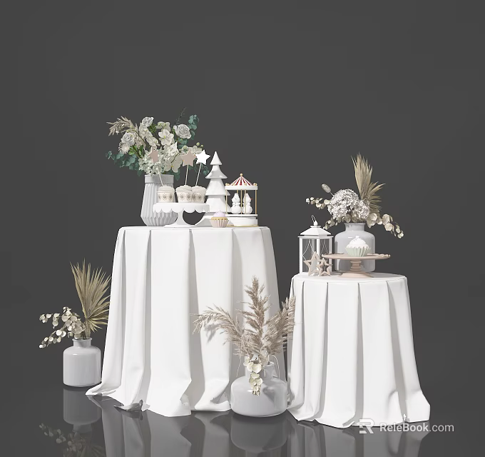 Decorative Ornament Set with Vases Flower Arrangements Miniature Decor and Greenery on White Tablecloths 3d model 