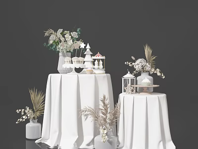 Decorative Ornament Set with Vases Flower Arrangements Miniature Decor and Greenery on White Tablecloths 3d model