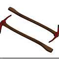 Traditional Red and Black Axes as Historical Weapons with Wooden Handles