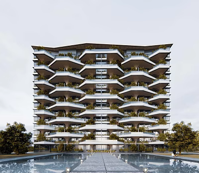 Modern High Rise Building With Green Terraces And Contemporary Facade Design 3d model