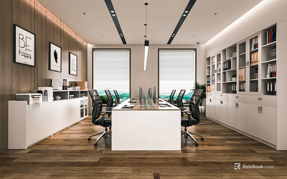 Public Office Space With Long White Conference Table Black Chairs White Bookshelves And Wooden Flooring 3d model 