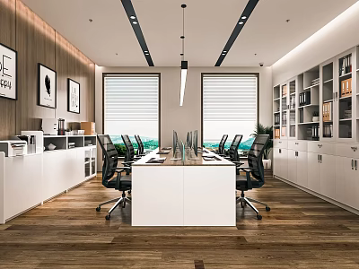 Public Office Space With Long White Conference Table Black Chairs White Bookshelves And Wooden Flooring 3d model