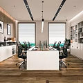Public Office Space With Long White Conference Table Black Chairs White Bookshelves And Wooden Flooring