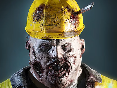 Bloodstained Zombie Worker With Yellow Hard Hat Knife And Grimacing Bloodied Face 3d model