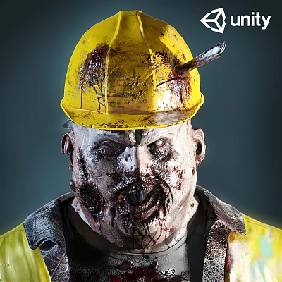 Bloodstained Zombie Worker With Yellow Hard Hat Knife And Grimacing Bloodied Face 3d model