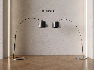 Minotti Modern Floor Lamps With Curved Design Black Shades Textured Wall And Herringbone Floor 3d model