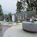 Courtyard Garden Featuring Two White Rabbit Sculptures Green Plants Wooden Shelf and Outdoor Table Chairs