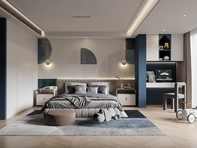 Modern Bedroom Interior With Geometric Accent Wall Gray Bedding Area Rug And Work Desk 3d model