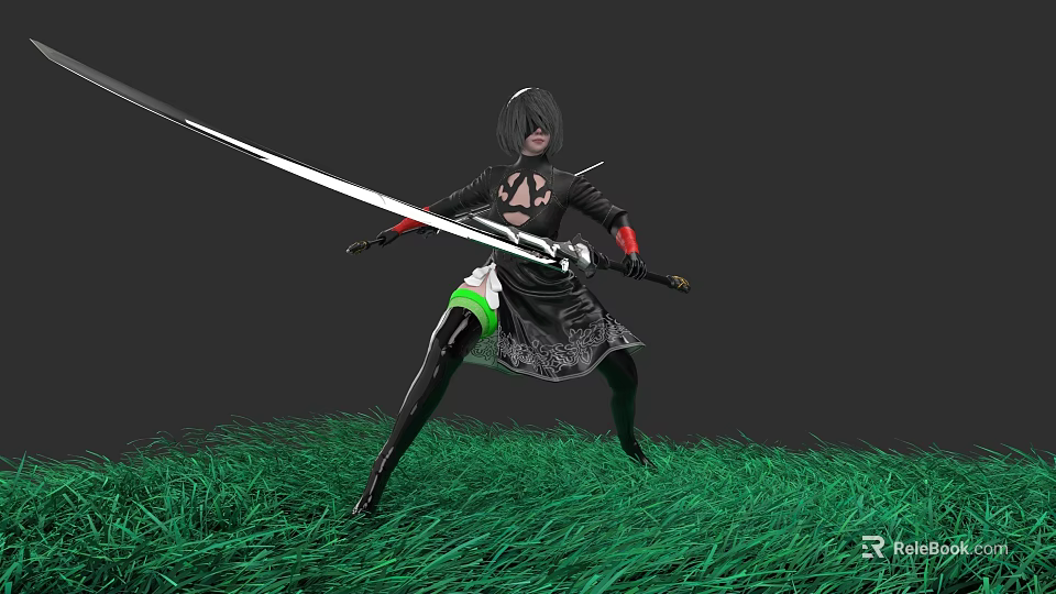 Woman Holding Long Sword In Black Outfit Standing On Green Grass With Dynamic Stance 3d model 