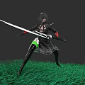 Woman Holding Long Sword In Black Outfit Standing On Green Grass With Dynamic Stance