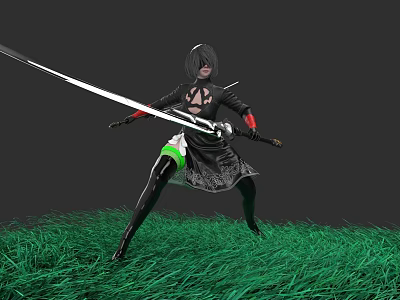 Woman Holding Long Sword In Black Outfit Standing On Green Grass With Dynamic Stance 3d model