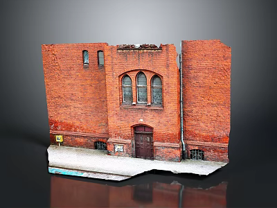 Vintage Red Brick Building With Arched Windows Wooden Door And Weathered Roof 3d model