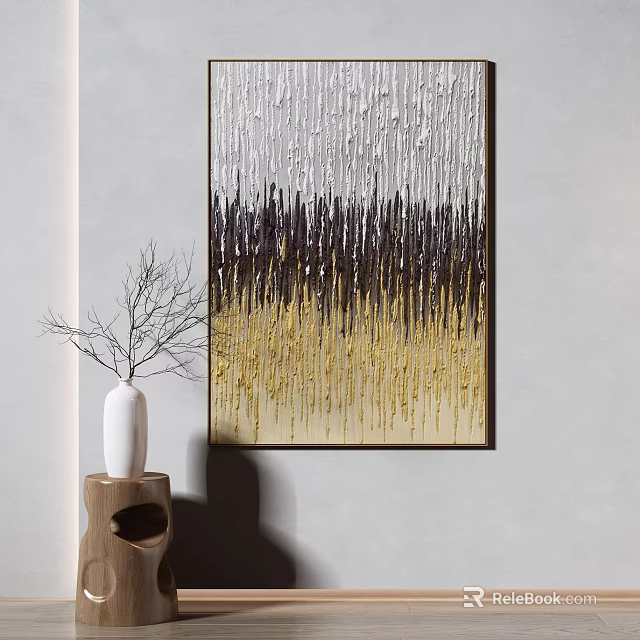 Modern Abstract Painting With Textured Gray Black Gold Tones And White Vase Interior Decor 3d model 