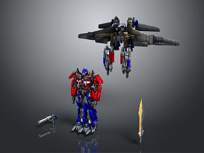 Robot Characters Featuring Red Blue Figure And Aircraft Robot With Sword And Gun 3d model