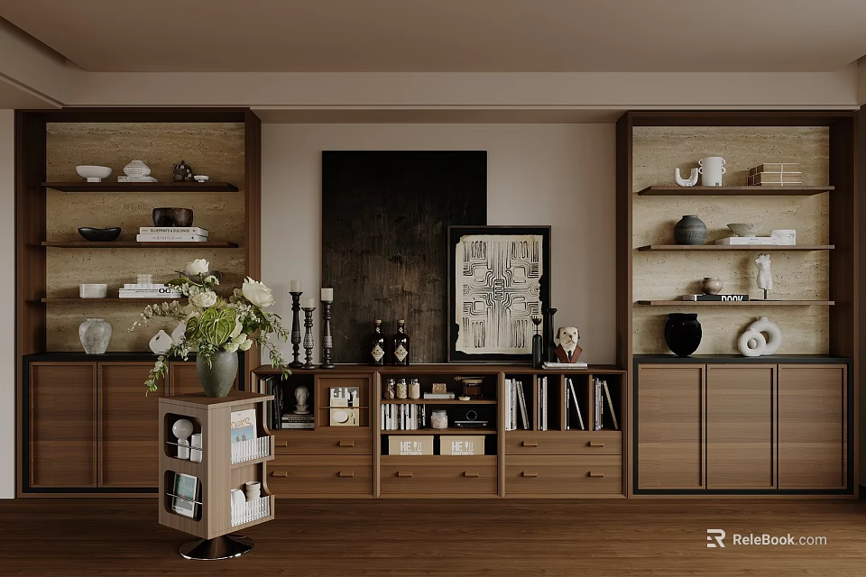 Modern Wooden Display Cabinet With Multiple Shelves Decorative Vases Bowls And Books 3d model 